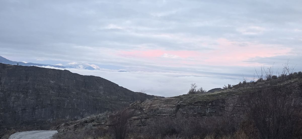 Gneiss cliffs catching morning light in McLaughlin Canyon